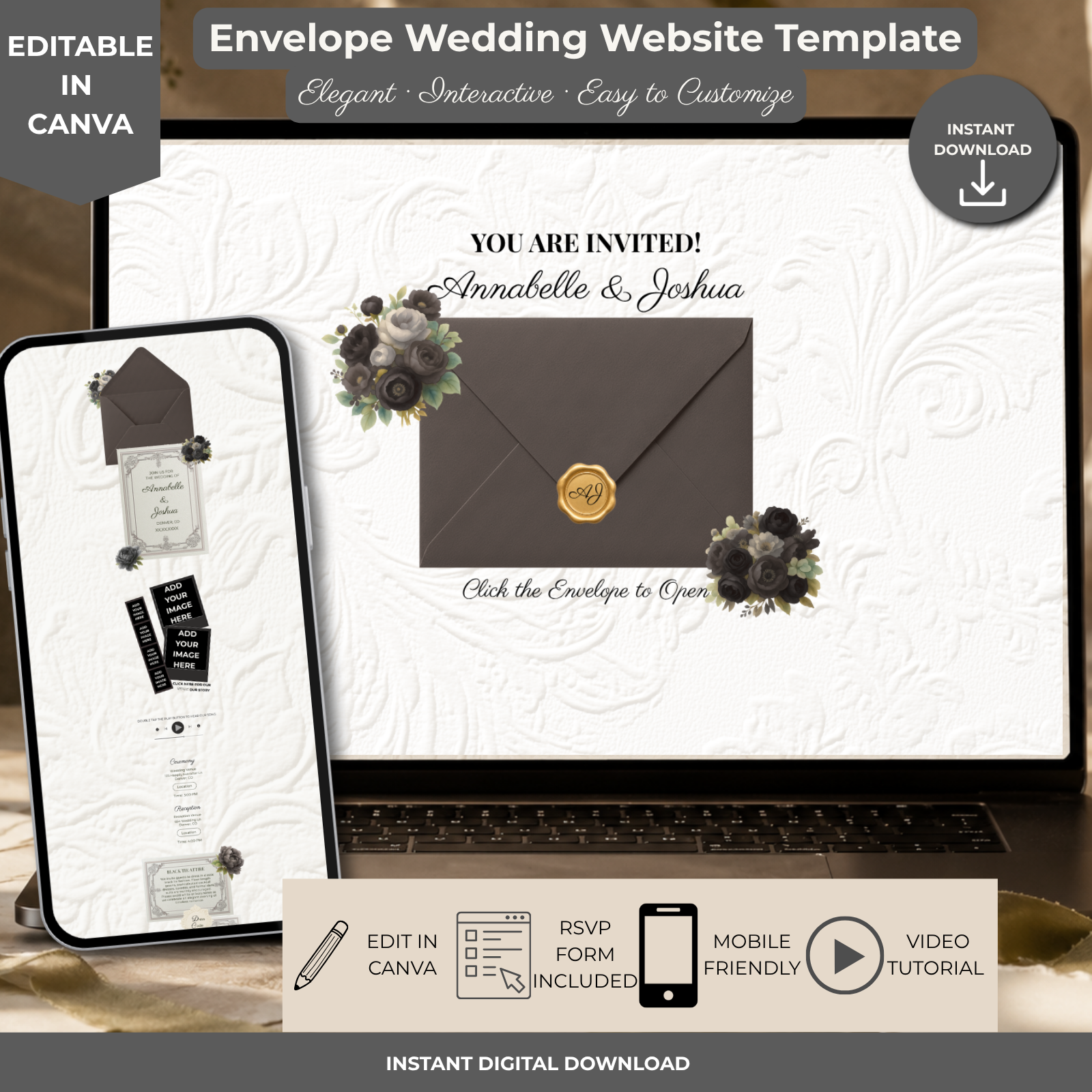 Black & White Wedding Website Template | Editable Canva Wedding Website