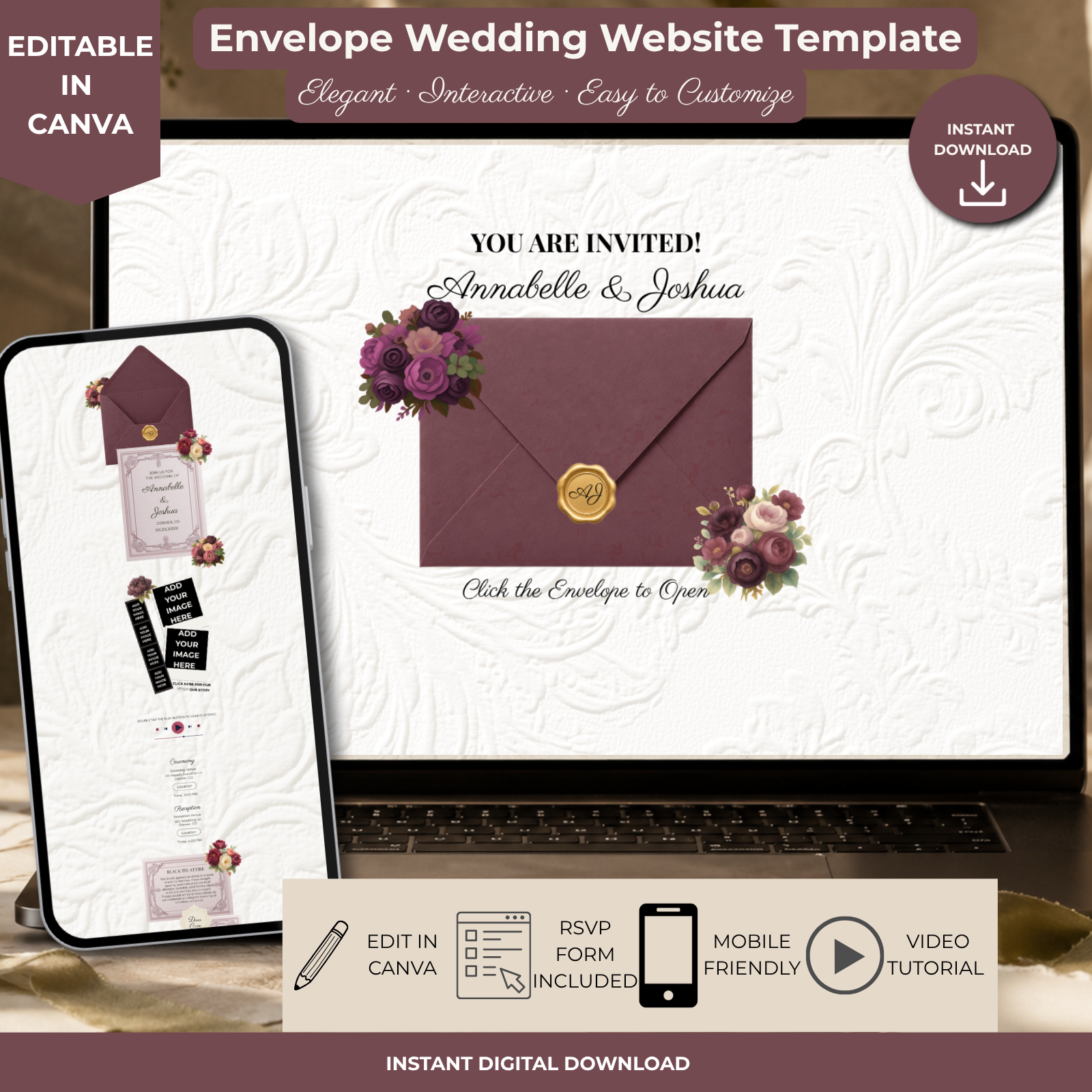 Maroon Wedding Website Template | Editable Canva Wedding Website