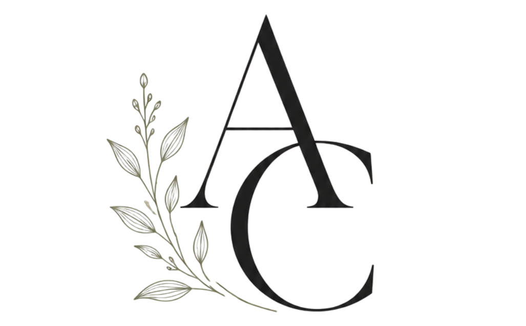 Logo for Angela Creates with decorative elements on a white background